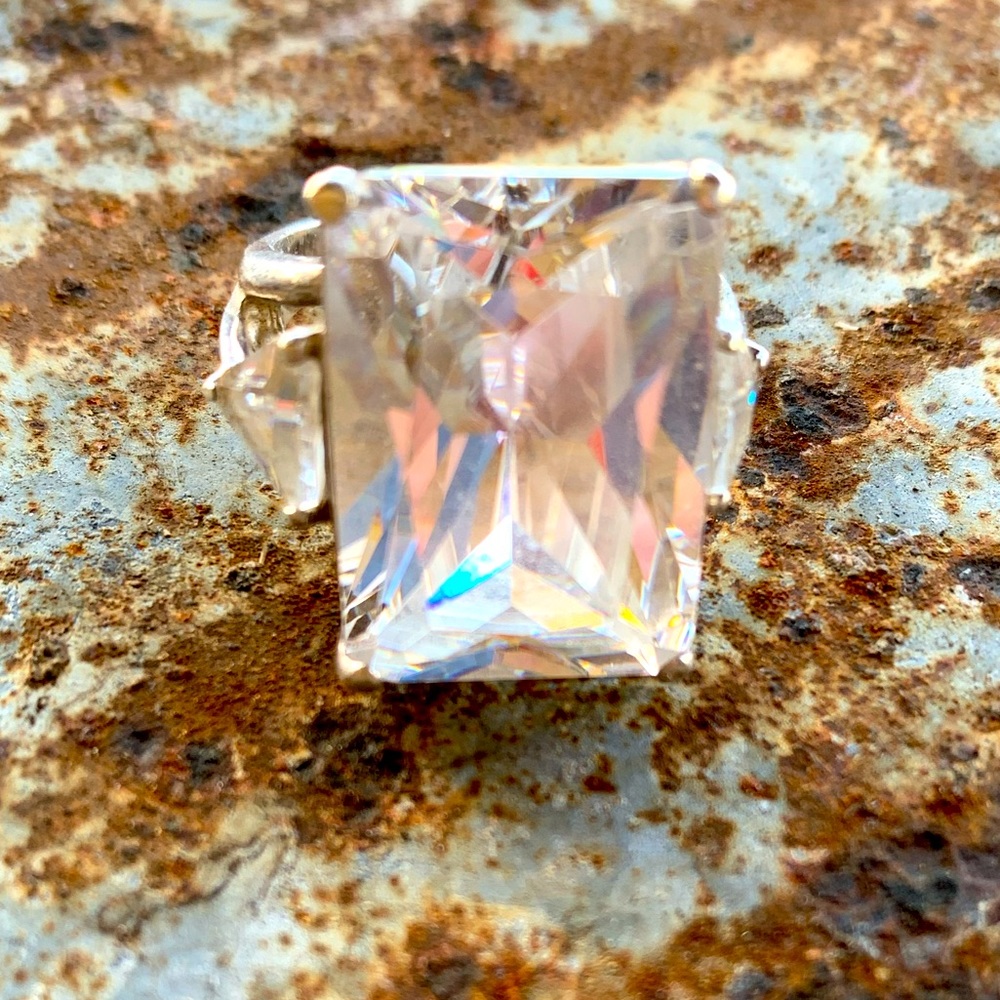 Sterling silver emerald cut clear stone ring